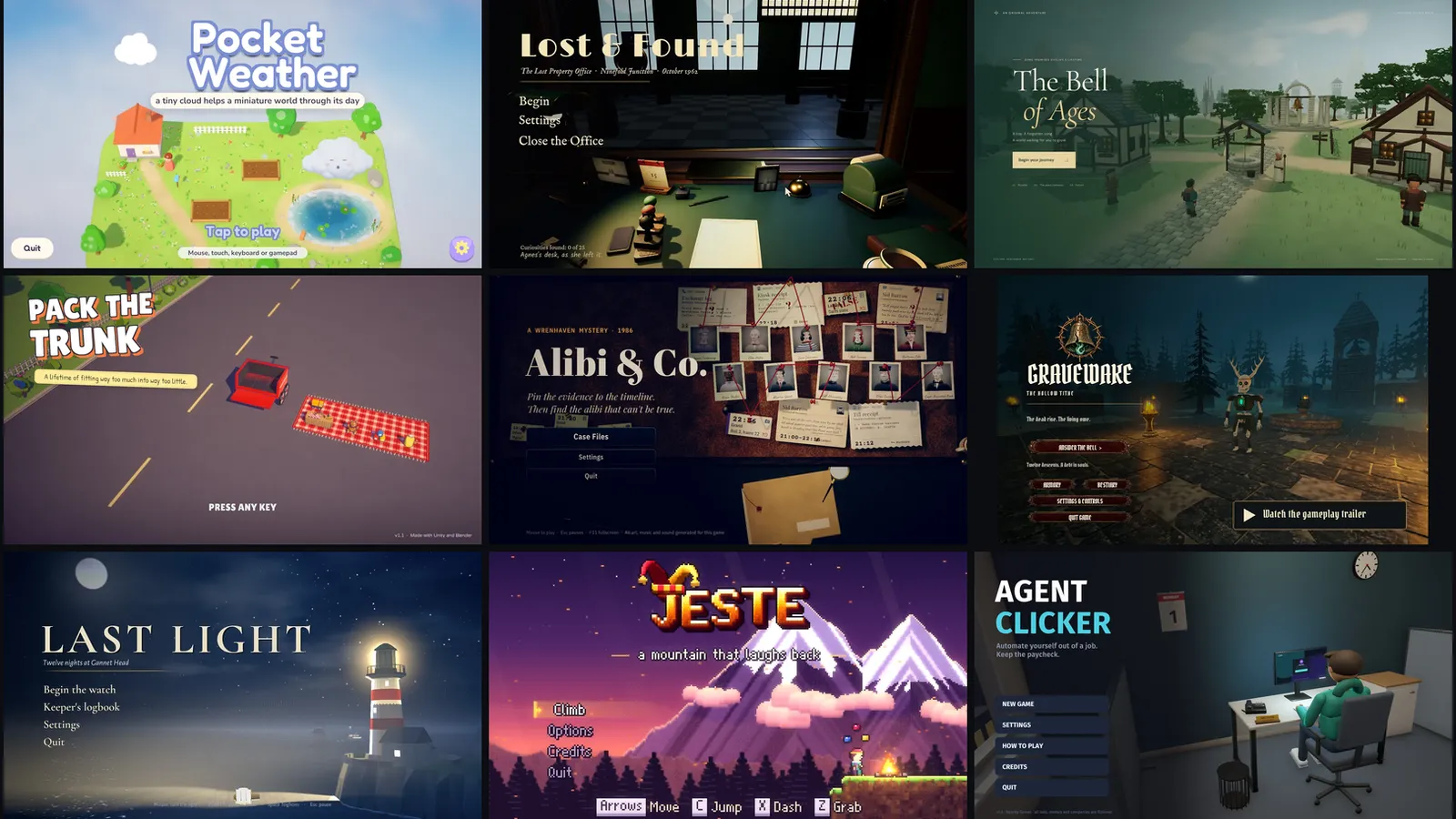 A grid of nine game title screens: Pocket Weather, Lost & Found, The Bell of Ages, Pack The Trunk, Alibi & Co., Gravewake, Last Light, Jeste and Agent Clicker.