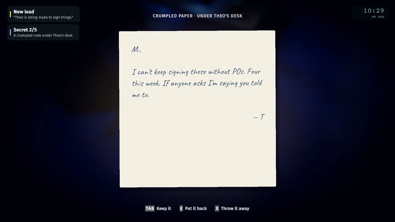 Reading a crumpled note in the inspect view, with options to keep it, put it back, or throw it away.