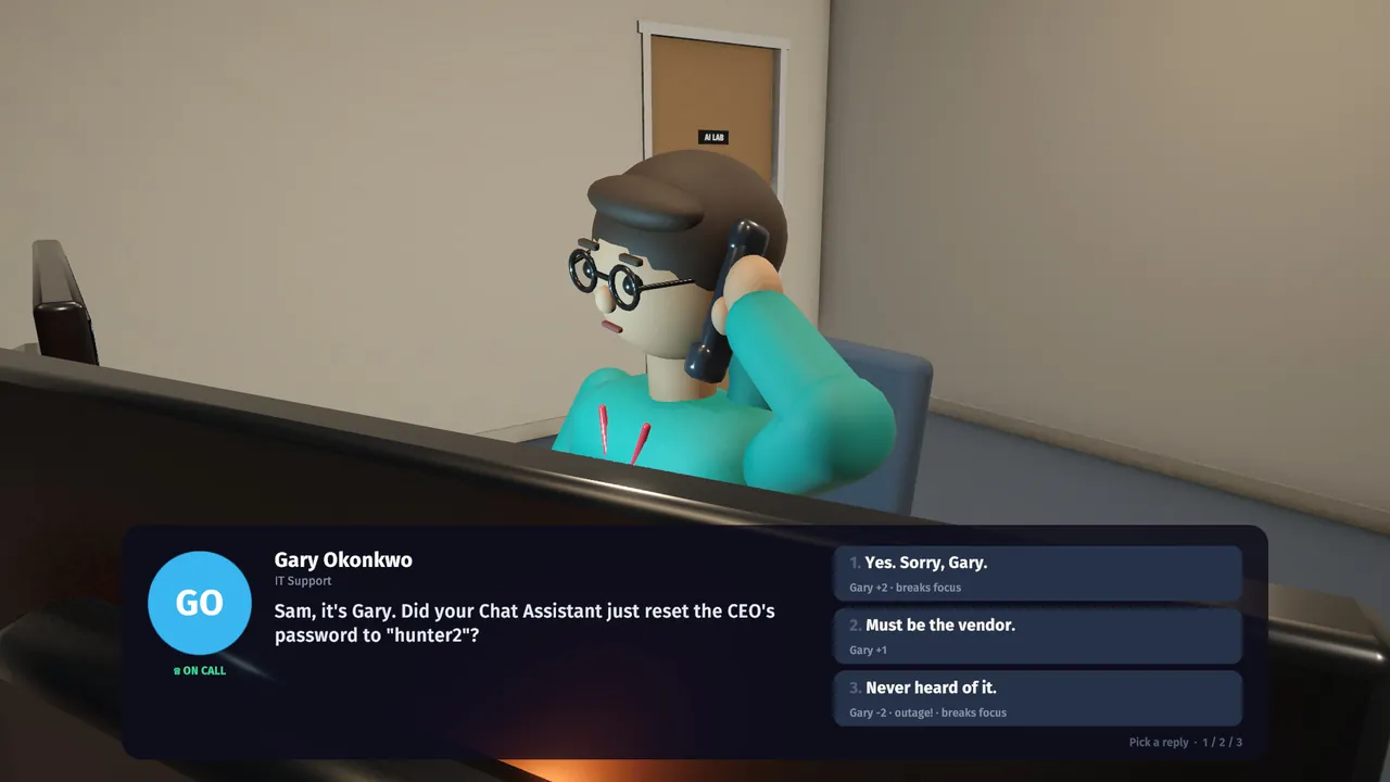 Sam on the phone with Gary from IT, choosing a reply.