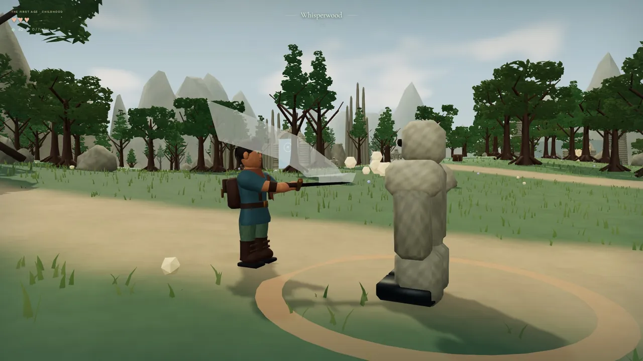 Alder slashes a stone guardian in the Whisperwood, leaving a pale sword trail.
