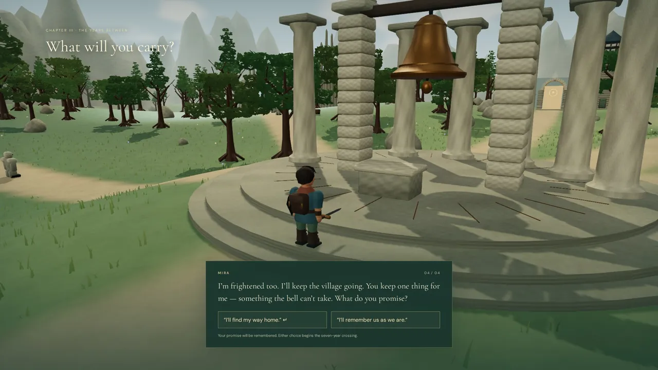 At the Bell Sanctuary, Mira asks Alder what he will promise before the seven-year crossing.