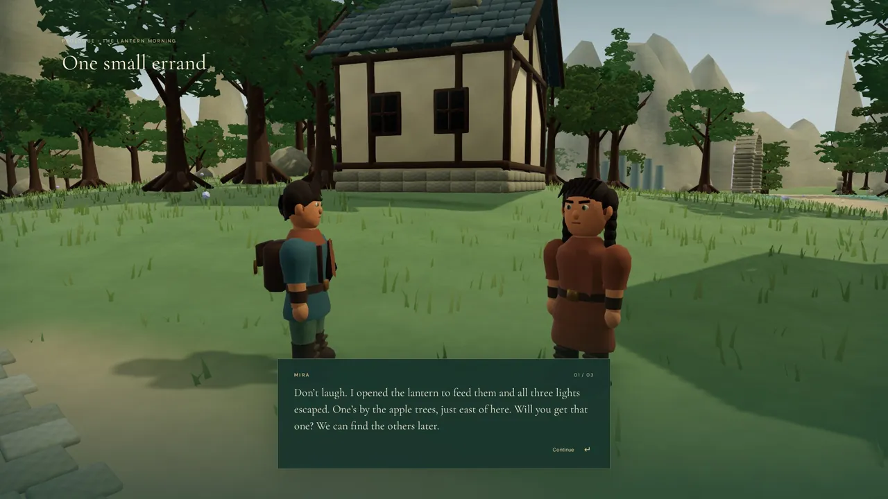 Mira asks Alder to find the wandering light in the orchard.