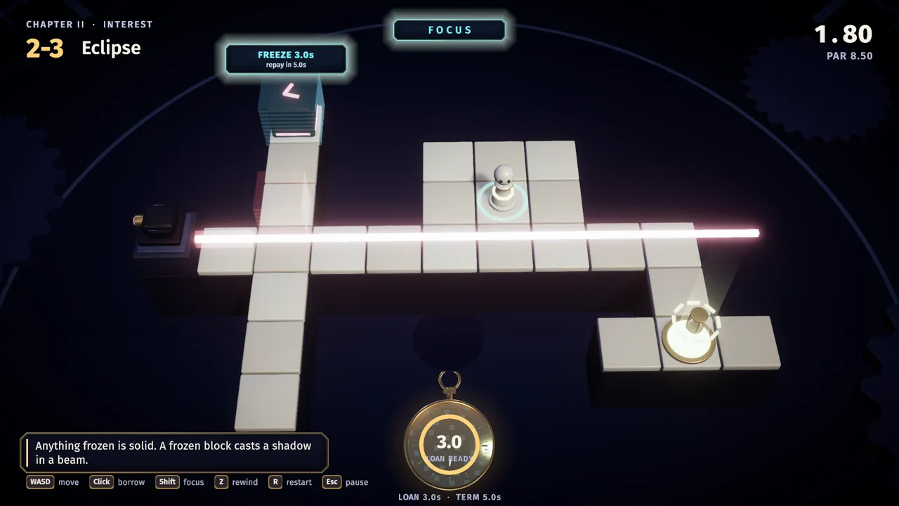 Aiming at a slider while holding Focus: the aim tag reads freeze 3.0s, repay in 5.0s, and red ghosts forecast the hazards.