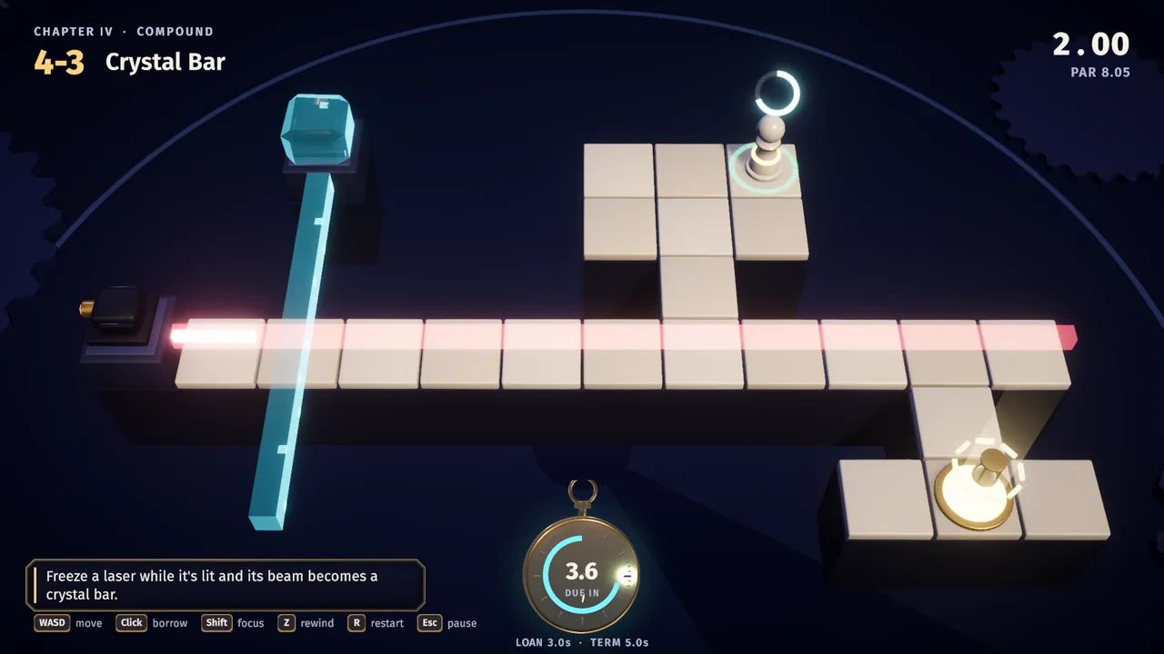 A laser frozen mid-shot becomes a cyan crystal bar that blocks the other beam.