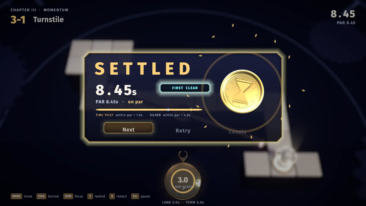Level complete: Settled, on par, with a gold Time Thief medal.