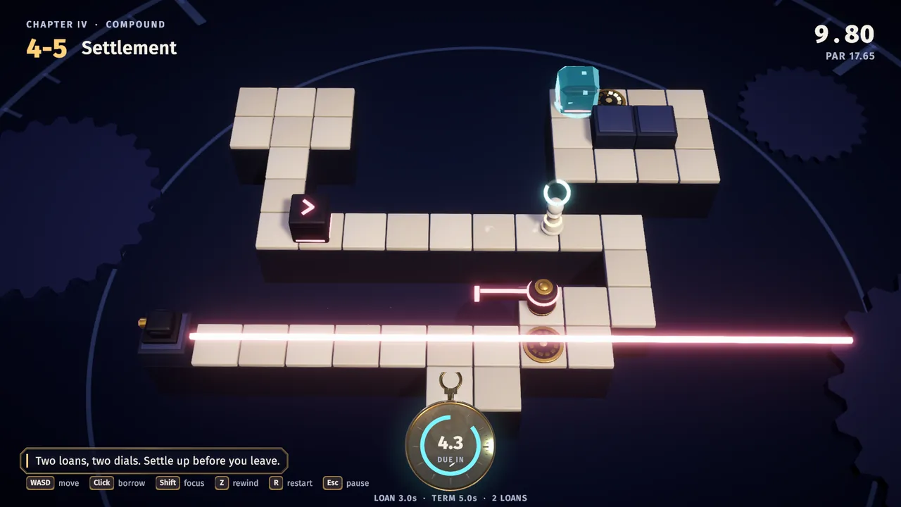 Settlement, the chapter IV finale: two loans, two dials, a slider, a laser, and a rotor.