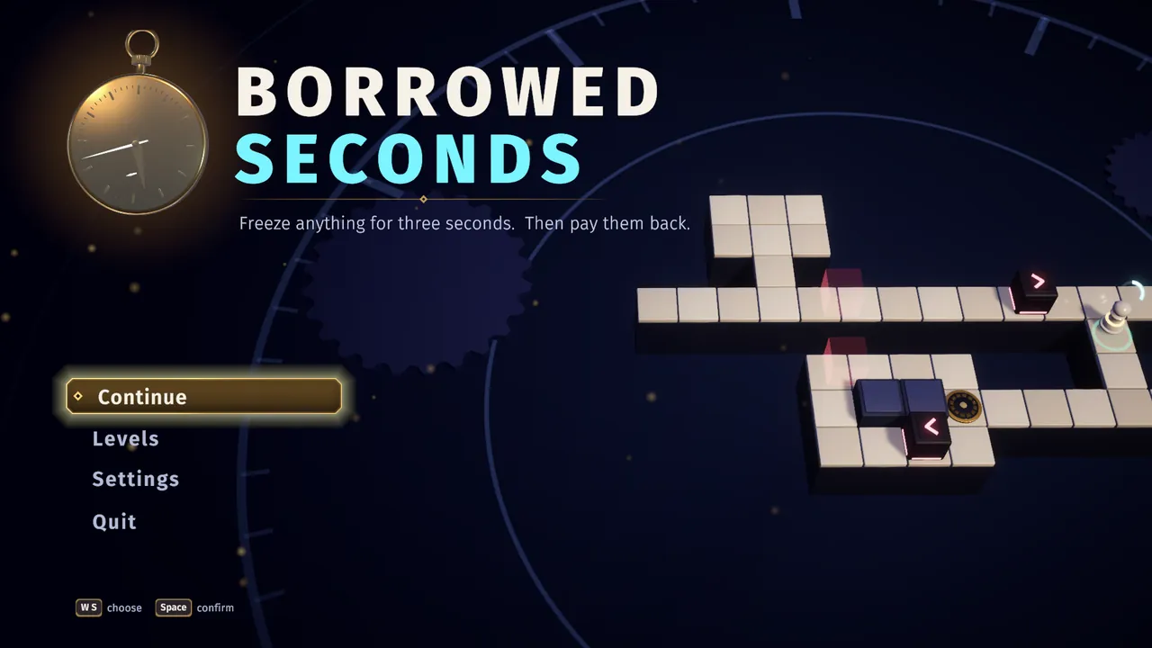 Title screen: the pocket-watch emblem and the Borrowed Seconds logo over a live replay.