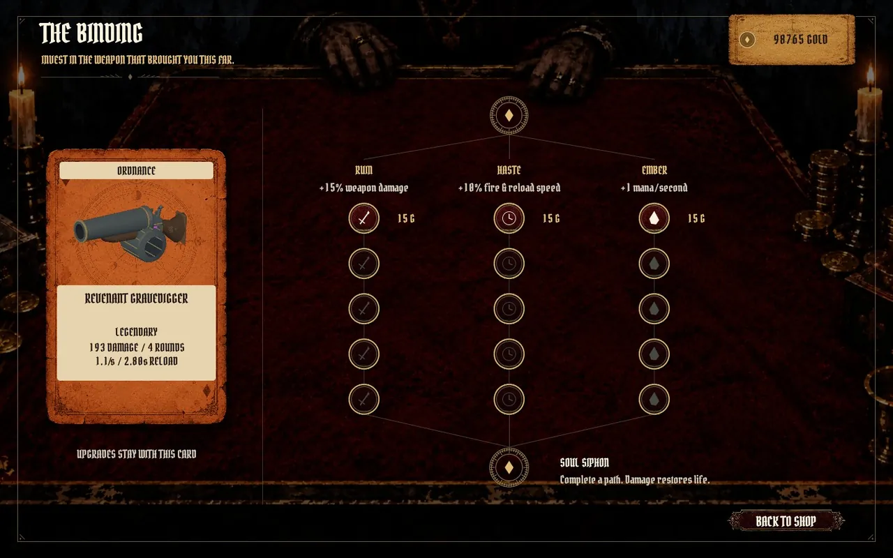 The Binding upgrade paths for a weapon card.