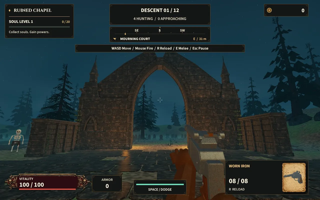 The ruined chapel's stone archway at night, with a skeleton approaching from the left and the Worn Iron pistol in hand.