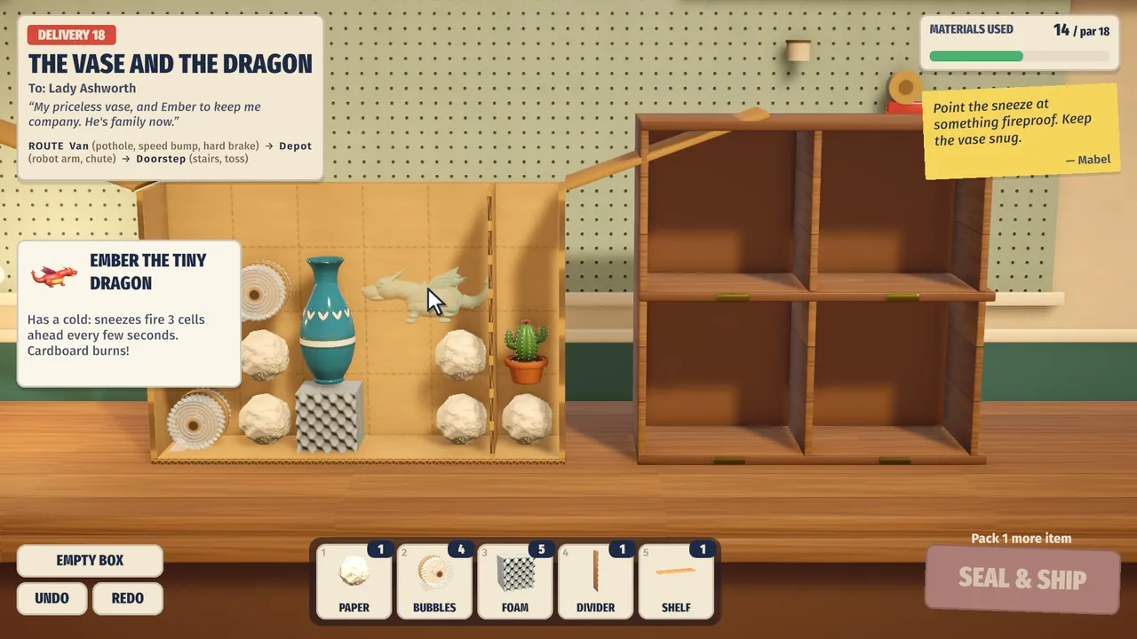 Packing The Vase and the Dragon: Ember's item card is open and his translucent ghost is being placed next to the vase.