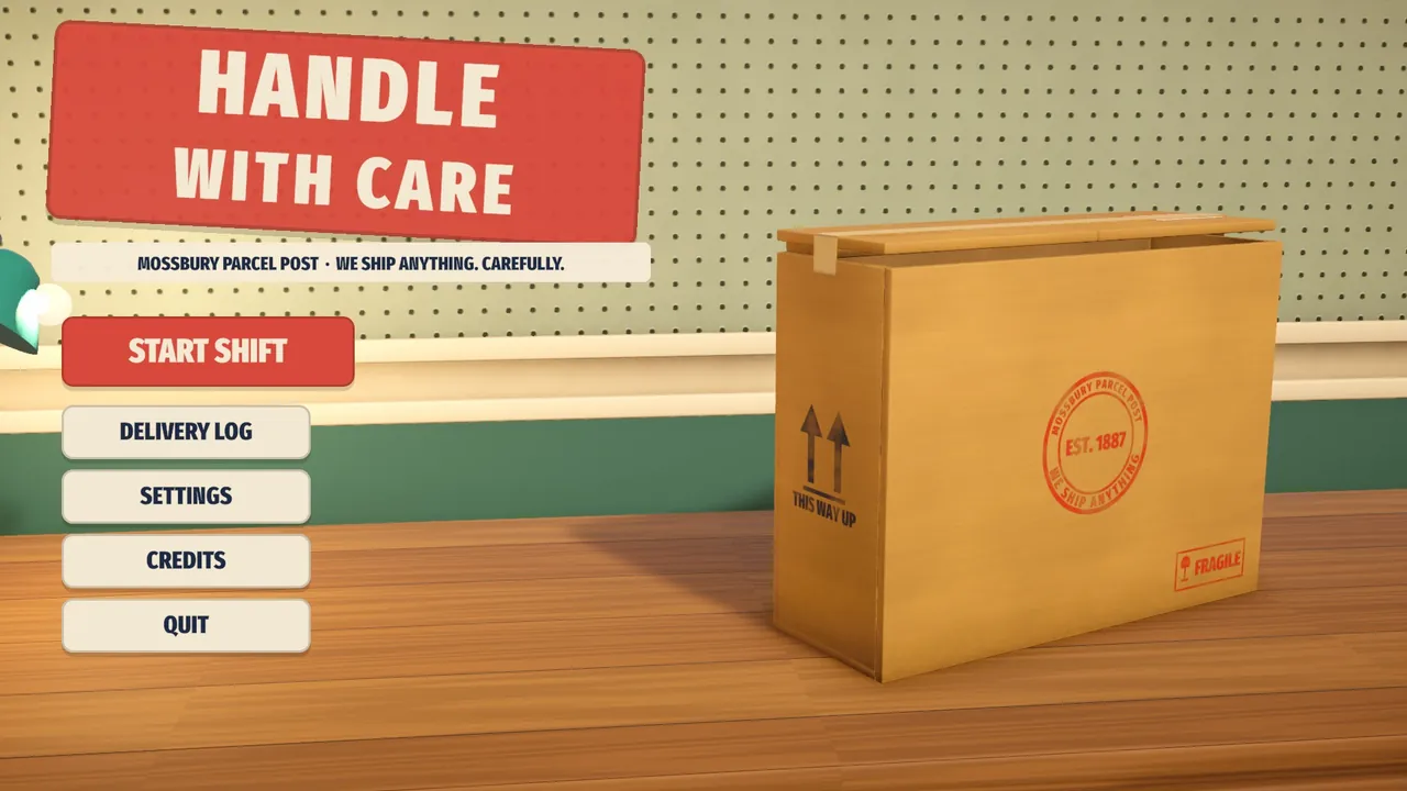 Title screen: the Handle With Care sign above the menu, with a taped parcel on the bench.