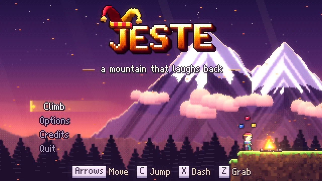 Title screen: the JESTE logo over Mount Jeste, with Mira juggling by a campfire.