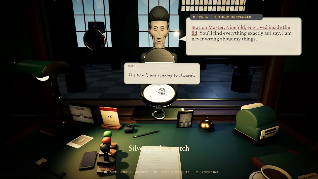 Mr Vell, the Grey Gentleman, at the window while the player holds up a pocket watch whose hands run backwards.