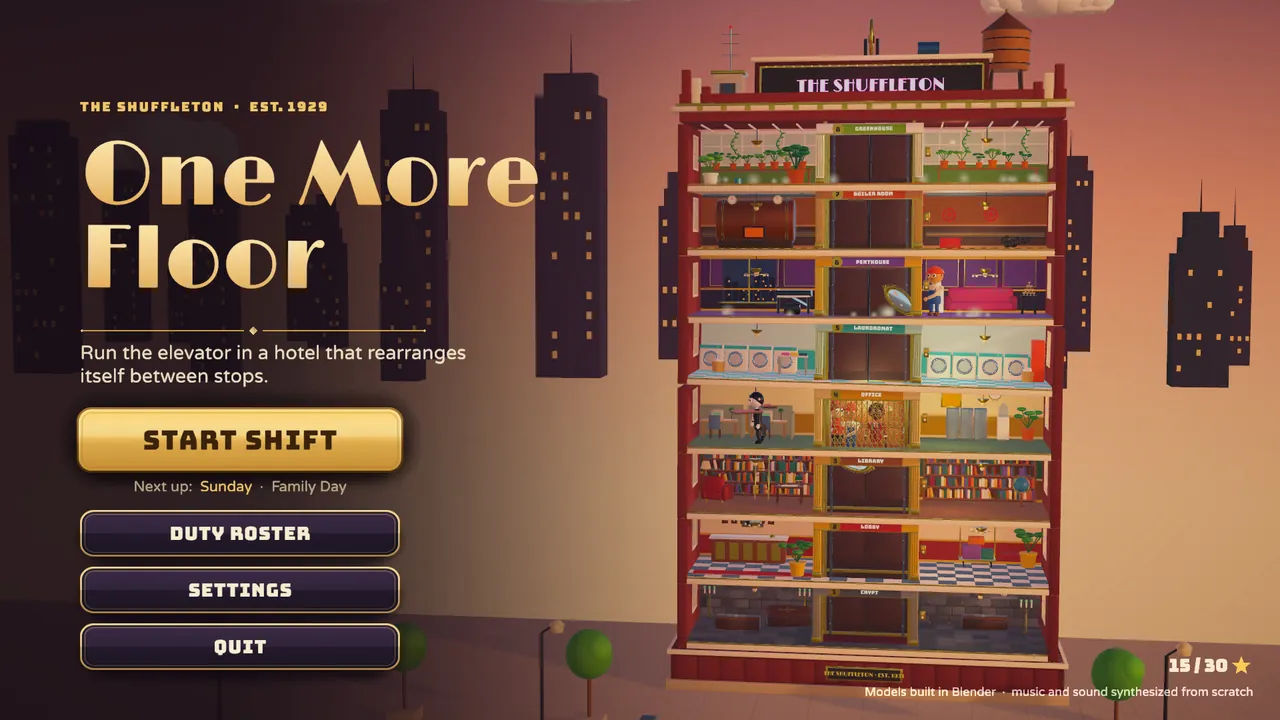 Title screen: the tower at dusk with the neon sign.