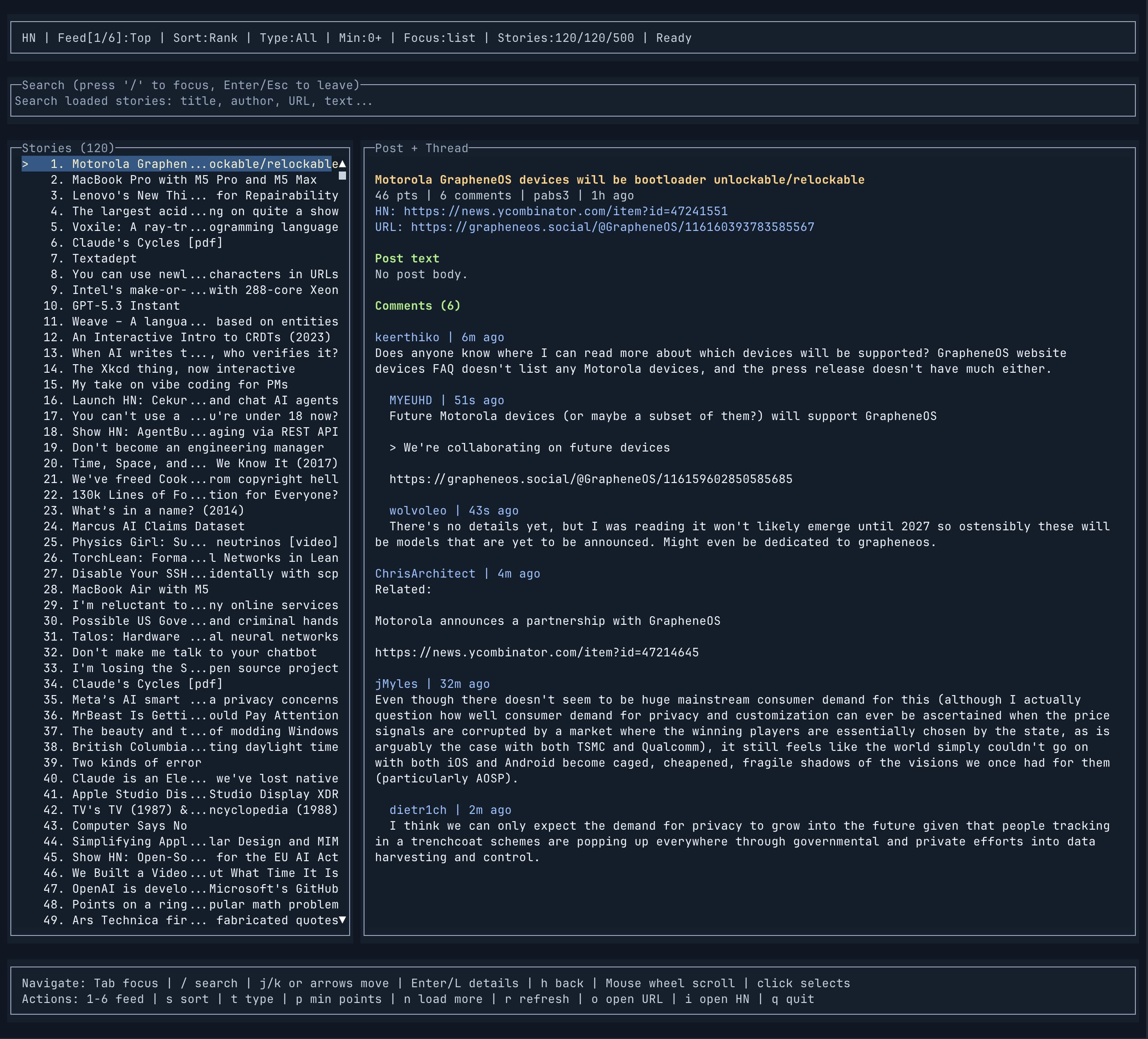 hackernews-tui screenshot