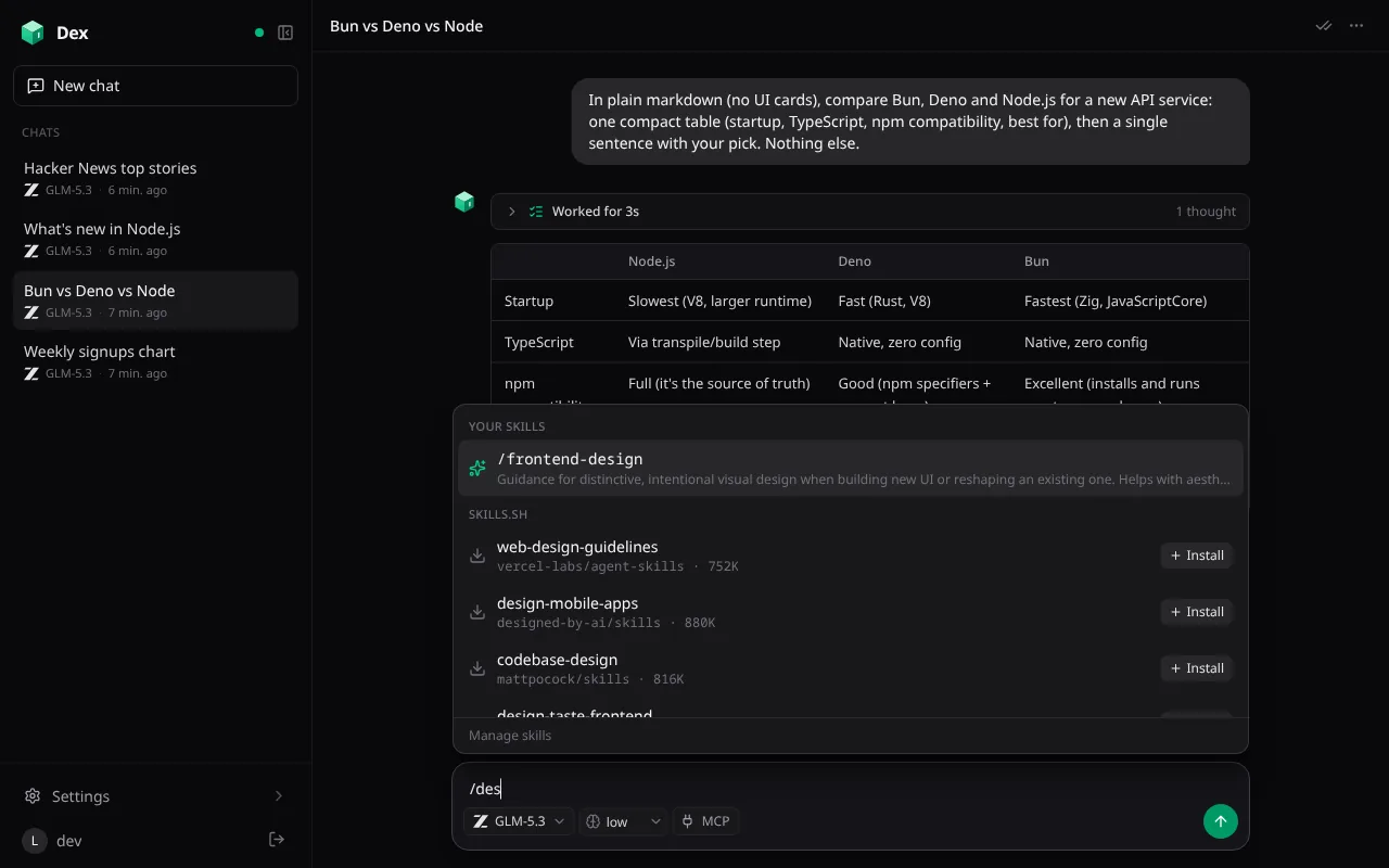 The Dex composer with “/des” typed and a menu listing the installed frontend-design skill and skills.sh results with Install buttons.
