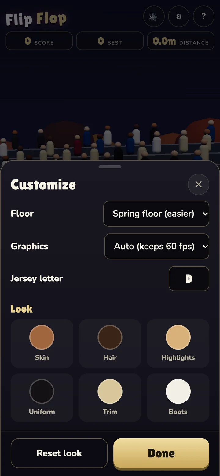 The phone customization sheet for changing the floor, graphics quality, and character appearance.